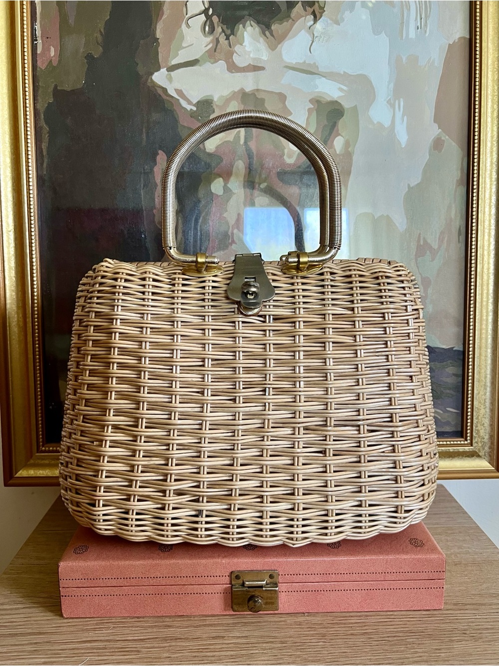 Vintage Woven Rattan Top-Handle Bag in Natural Tan